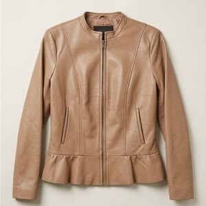 Tahari 100% Genuine Lamb Leather Zip-Front Peplum Jacket